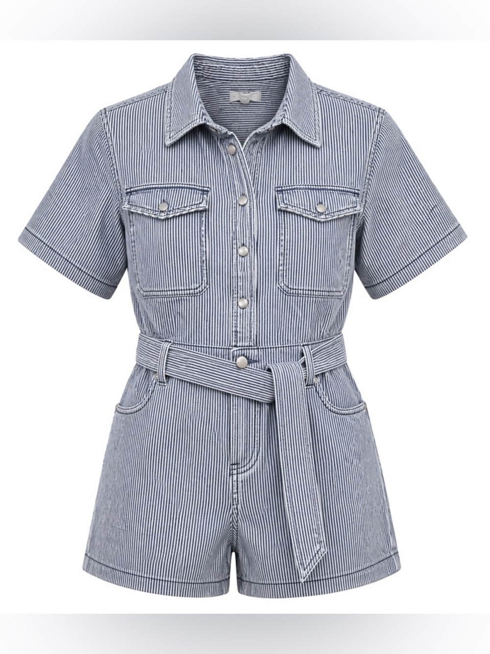 Striped Short-Sleeve Belted Romper in Navy and White